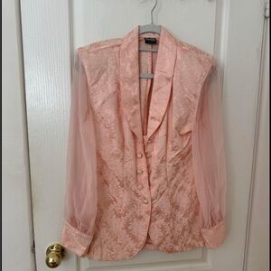 Vintage-Inspired Pink Brocade Blazer with Sheer Sleeves